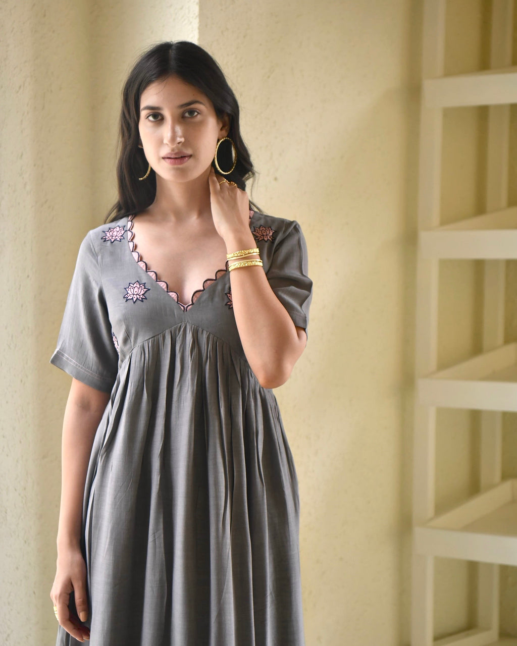 Grey Midi Dress at Kamakhyaa by Taro. This item is Bangalore Silk, Dusk To Dawn, Embroidered, Evening Wear, Grey, July Sale, July Sale 2023, Midi Dresses, Natural, Regular Fit, Silk, Tiered Dresses, Womenswear