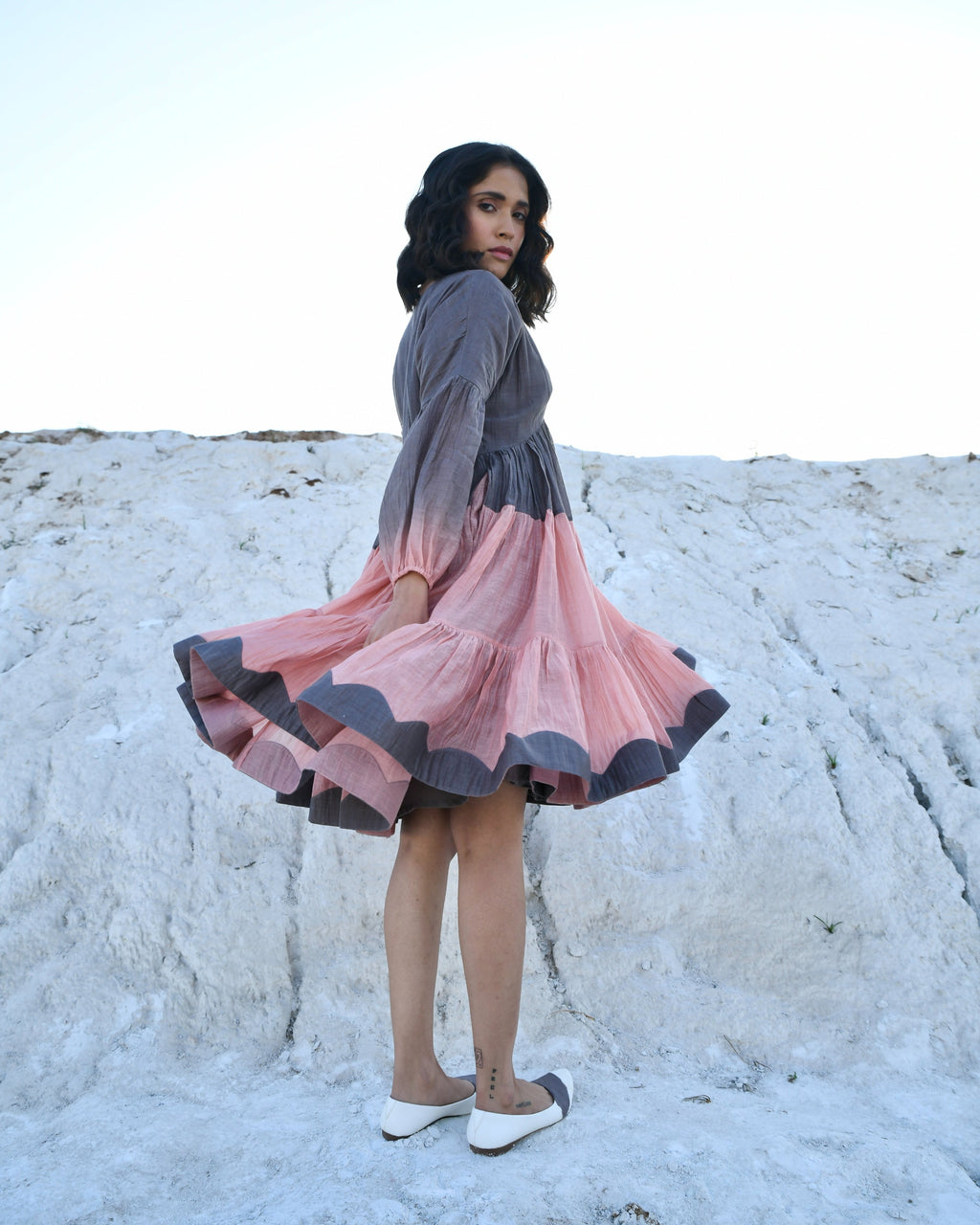 Grey Mini Dress at Kamakhyaa by The Loom Art. This item is Aurora SS24, Best Selling, Casual Wear, Chanderi Silk, FB ADS JUNE, For Her, Grey, July Sale, July Sale 2023, Mini Dresses, Ombre & Dyes, Organic, Regular Fit, Tiered Dresses, Womenswear