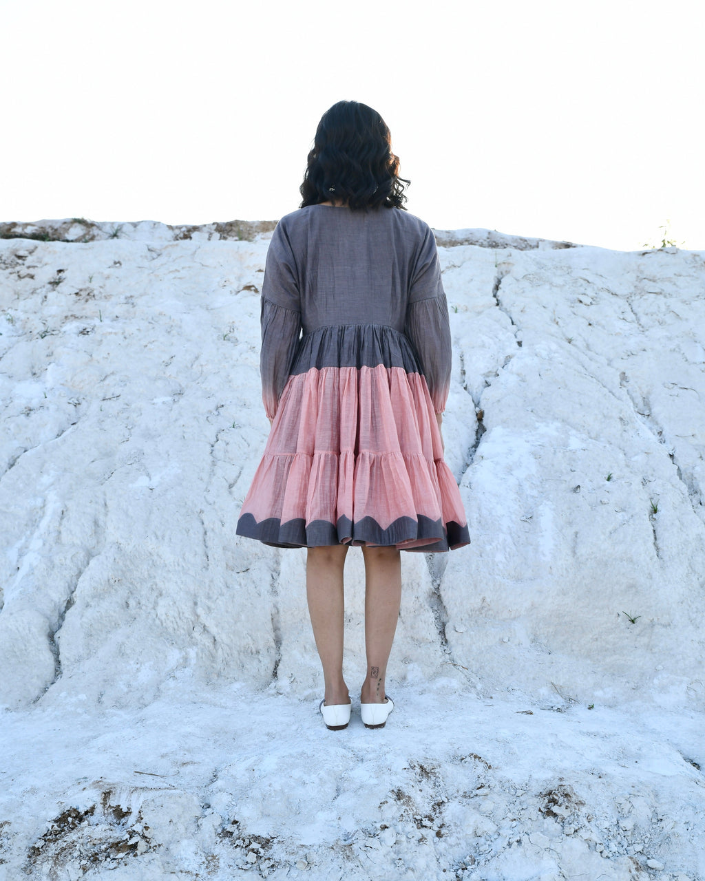 Grey Mini Dress at Kamakhyaa by The Loom Art. This item is Aurora SS24, Best Selling, Casual Wear, Chanderi Silk, FB ADS JUNE, For Her, Grey, July Sale, July Sale 2023, Mini Dresses, Ombre & Dyes, Organic, Regular Fit, Tiered Dresses, Womenswear