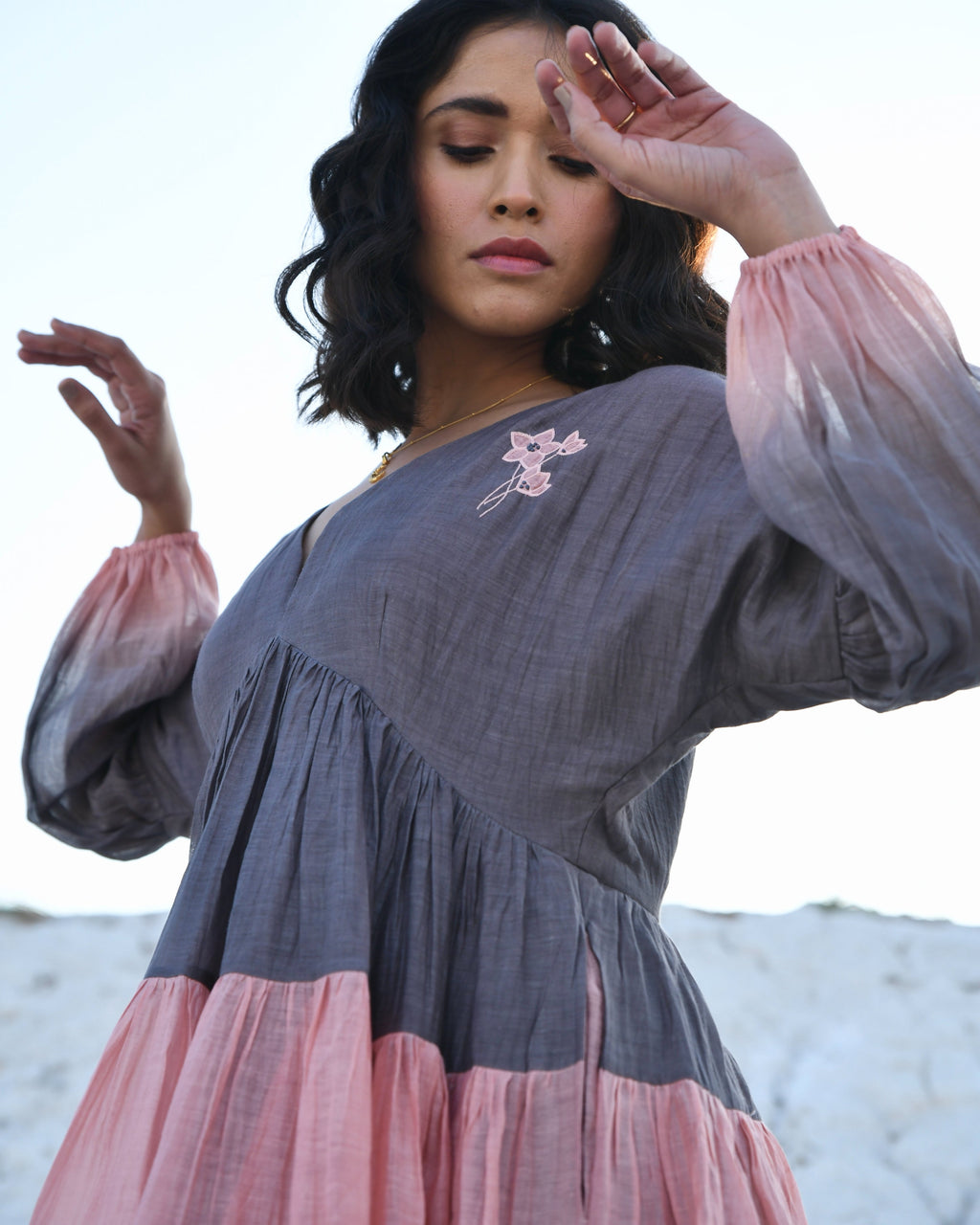 Grey Mini Dress at Kamakhyaa by The Loom Art. This item is Aurora SS24, Best Selling, Casual Wear, Chanderi Silk, FB ADS JUNE, For Her, Grey, July Sale, July Sale 2023, Mini Dresses, Ombre & Dyes, Organic, Regular Fit, Tiered Dresses, Womenswear