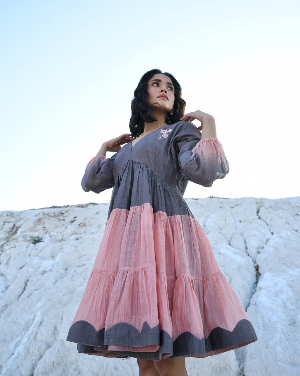 Grey Mini Dress at Kamakhyaa by The Loom Art. This item is Aurora SS24, Best Selling, Casual Wear, Chanderi Silk, FB ADS JUNE, For Her, Grey, July Sale, July Sale 2023, Mini Dresses, Ombre & Dyes, Organic, Regular Fit, Tiered Dresses, Womenswear