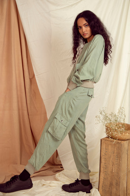 Grey Pants Fitted At Waist, Green, Grey, Natural, Pants, Regular Fit, Solids, Tencel Satin Kamakhyaa