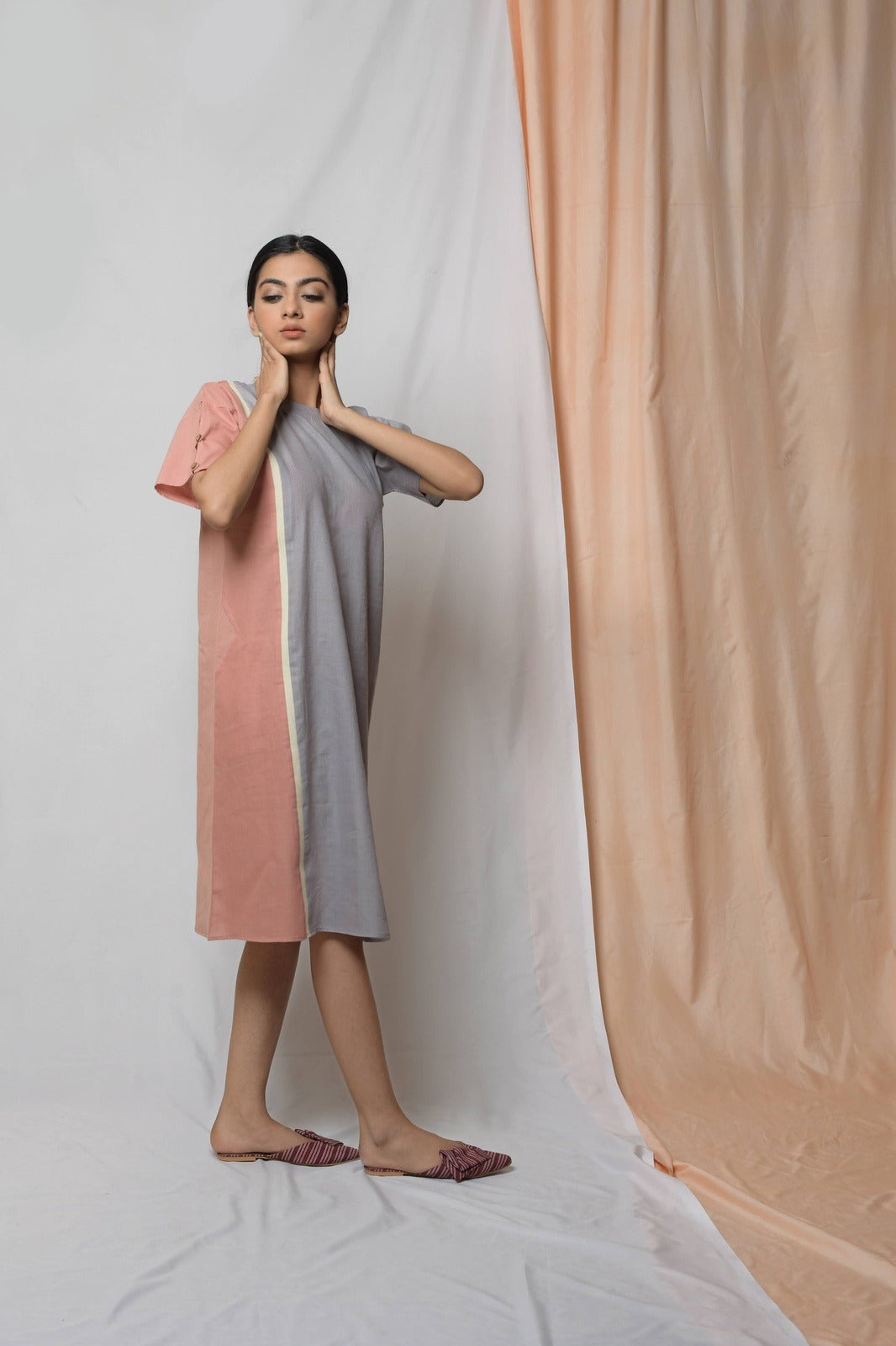 Grey Perseverance To The End Sheath Dress at Kamakhyaa by Niraa. This item is Casual Wear, Cotton khadi, Grey, Midi Dresses, Natural with azo dyes, Relaxed Fit, Solids, Tales of rippling brooks, Womenswear