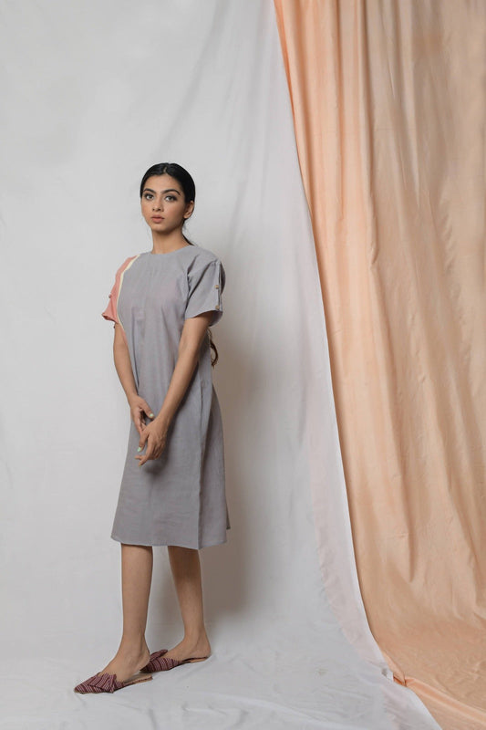 Grey Perseverance To The End Sheath Dress at Kamakhyaa by Niraa. This item is Casual Wear, Cotton khadi, Grey, Midi Dresses, Natural with azo dyes, Relaxed Fit, Solids, Tales of rippling brooks, Womenswear