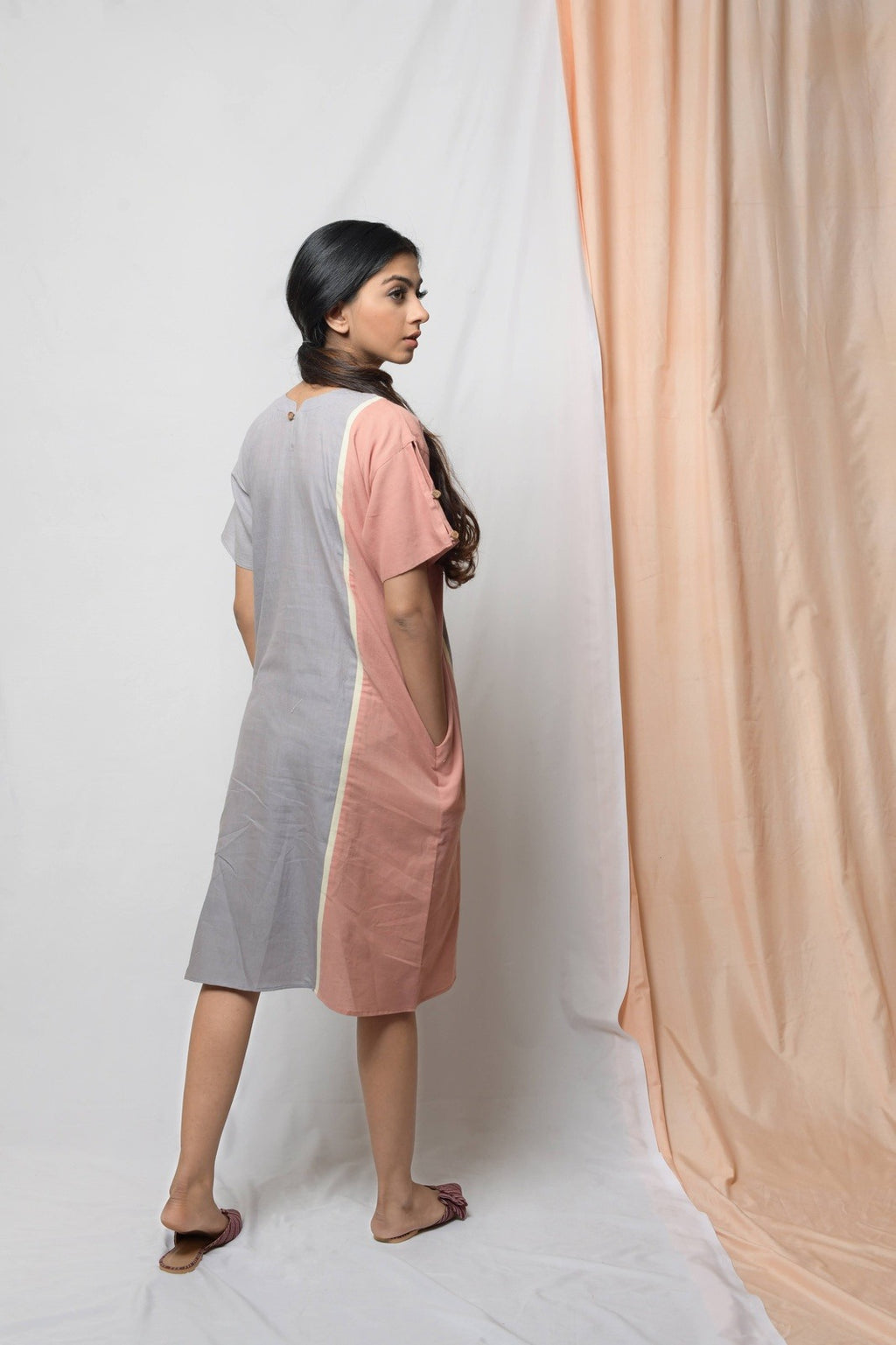 Grey Perseverance To The End Sheath Dress at Kamakhyaa by Niraa. This item is Casual Wear, Cotton khadi, Grey, Midi Dresses, Natural with azo dyes, Relaxed Fit, Solids, Tales of rippling brooks, Womenswear