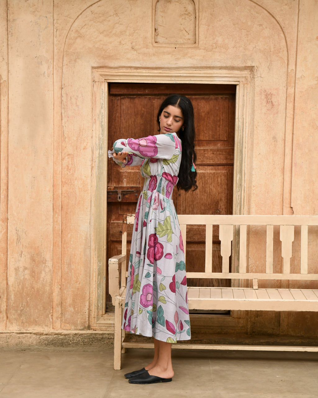Grey Printed Midi Dress at Kamakhyaa by Taro. This item is Azo Free Dyes, Casual Wear, Fitted At Waist, Garden Of Dreams, Grey, Handwoven, July Sale, July Sale 2023, Midi Dresses, Mulmul, Prints, Womenswear