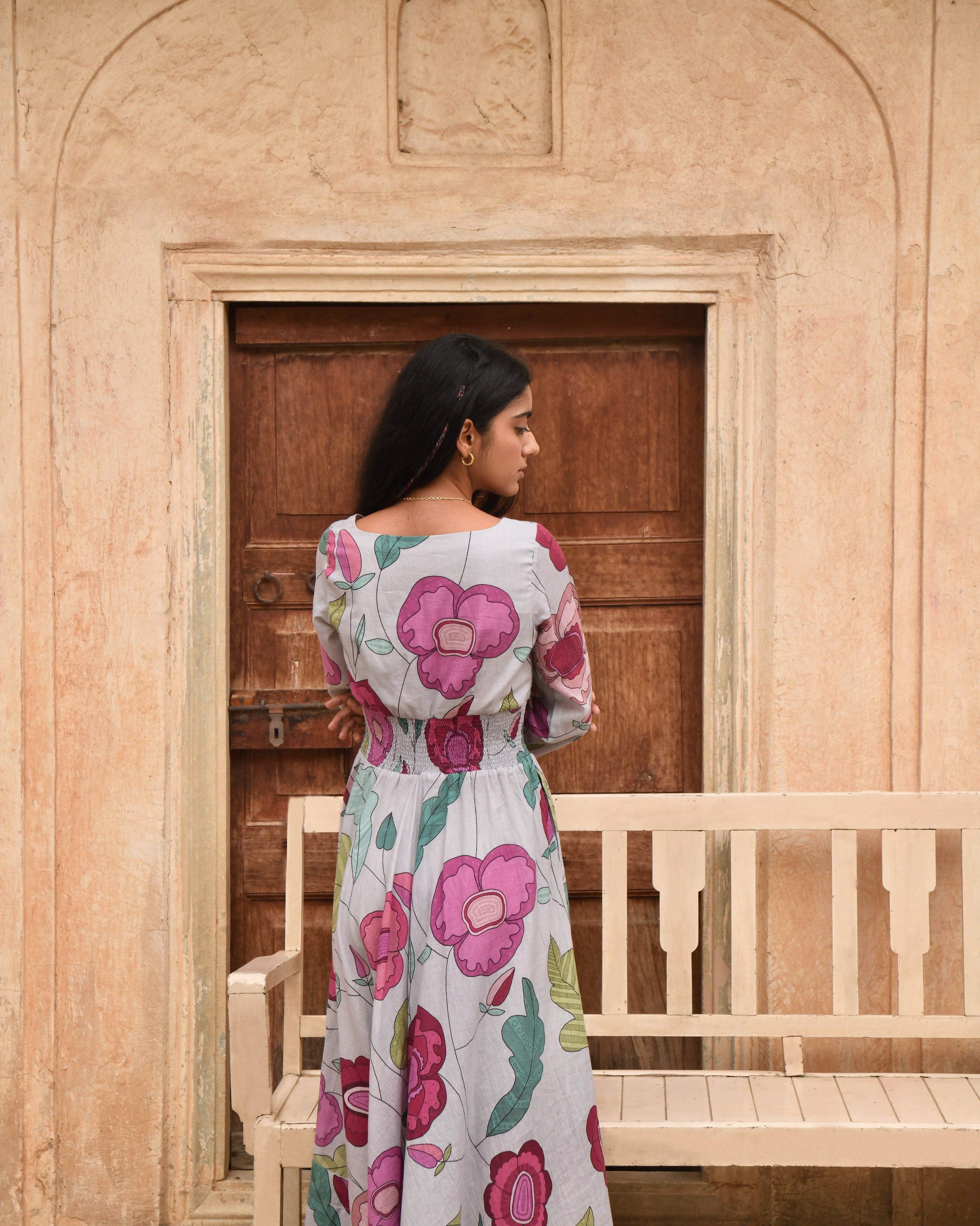 Grey Printed Midi Dress at Kamakhyaa by Taro. This item is Azo Free Dyes, Casual Wear, Fitted At Waist, Garden Of Dreams, Grey, Handwoven, July Sale, July Sale 2023, Midi Dresses, Mulmul, Prints, Womenswear