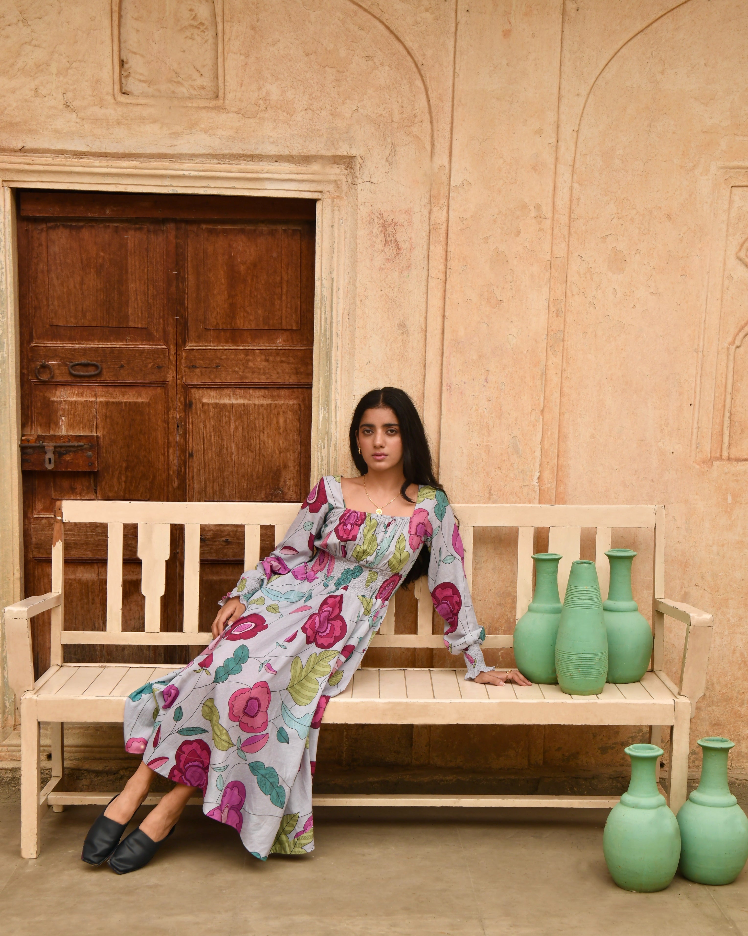 Grey Printed Midi Dress at Kamakhyaa by Taro. This item is Azo Free Dyes, Casual Wear, Fitted At Waist, Garden Of Dreams, Grey, Handwoven, July Sale, July Sale 2023, Midi Dresses, Mulmul, Prints, Womenswear