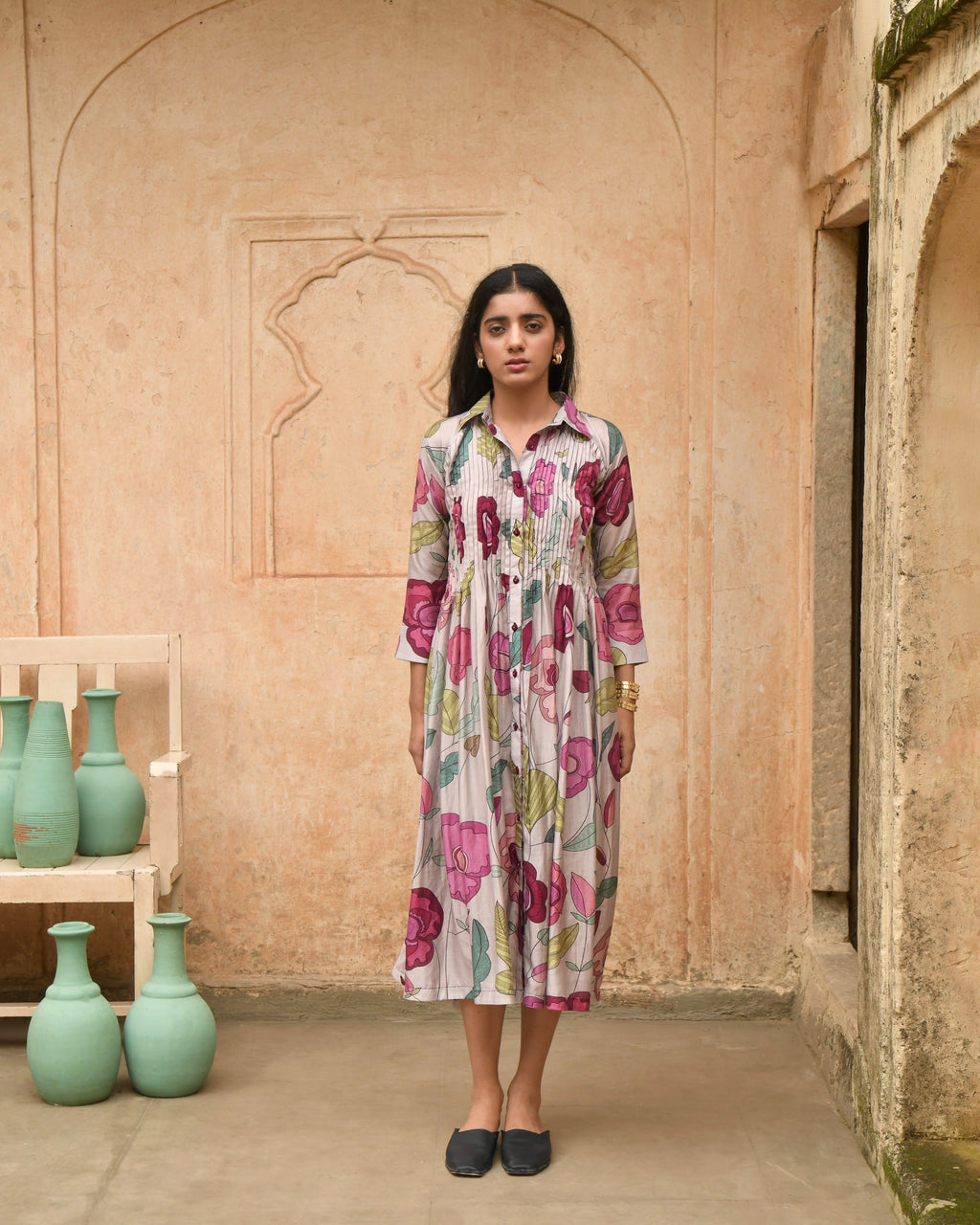 Grey Printed Shirt Dress at Kamakhyaa by Taro. This item is Azo Free Dyes, Best Selling, Casual Wear, Chanderi Silk, FB ADS JUNE, Garden Of Dreams, Grey, July Sale, July Sale 2023, Prints, Regular Fit, Shirt Dresses, Womenswear