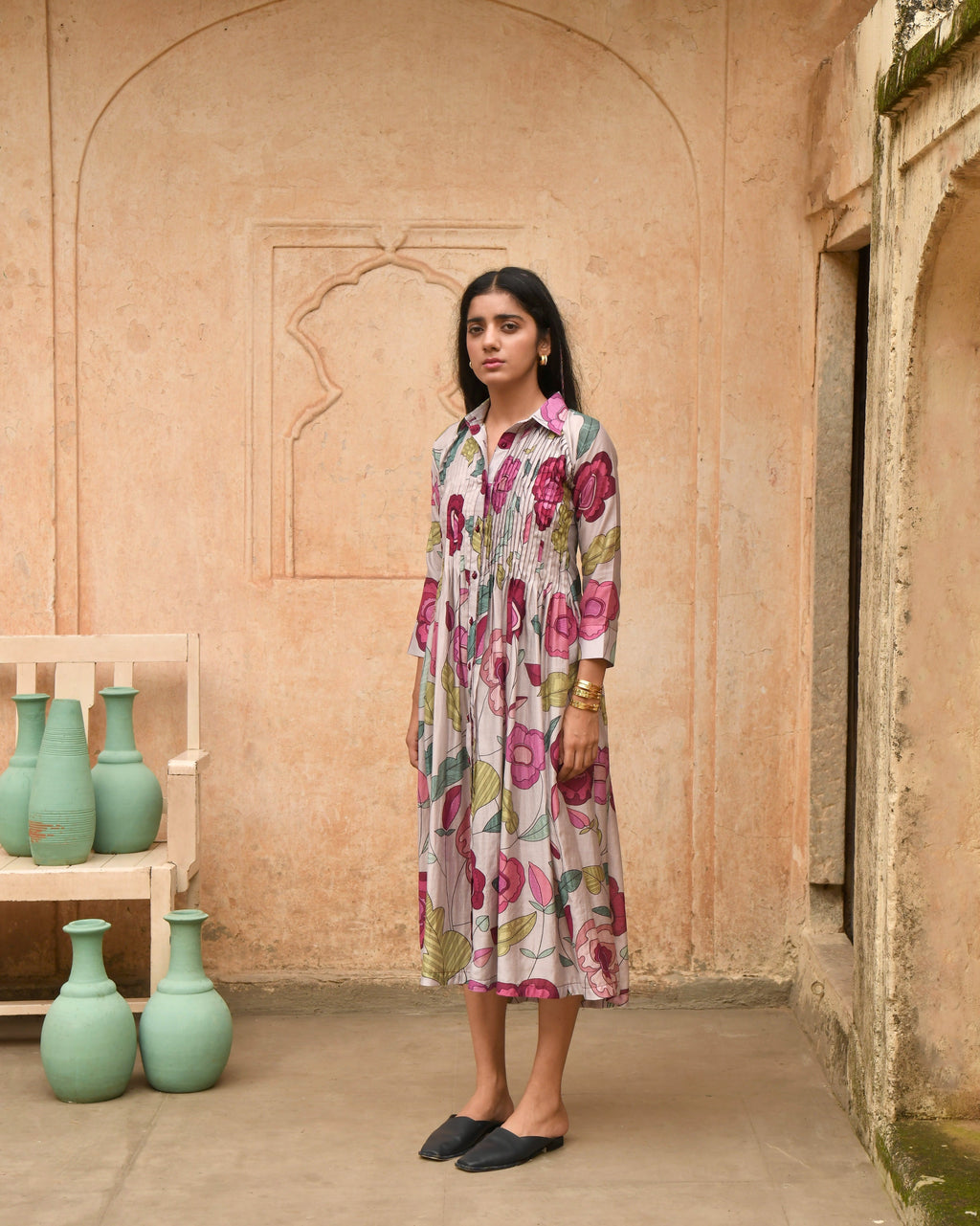 Grey Printed Shirt Dress at Kamakhyaa by Taro. This item is Azo Free Dyes, Best Selling, Casual Wear, Chanderi Silk, FB ADS JUNE, Garden Of Dreams, Grey, July Sale, July Sale 2023, Prints, Regular Fit, Shirt Dresses, Womenswear