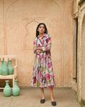 Grey Printed Shirt Dress at Kamakhyaa by Taro. This item is Azo Free Dyes, Best Selling, Casual Wear, Chanderi Silk, FB ADS JUNE, Garden Of Dreams, Grey, July Sale, July Sale 2023, Prints, Regular Fit, Shirt Dresses, Womenswear