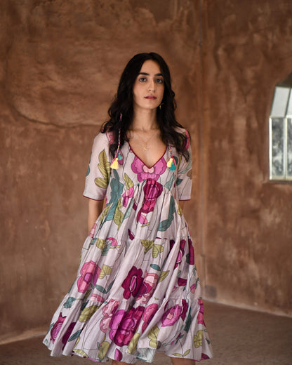 Grey Printed Tiered Dress at Kamakhyaa by Taro. This item is Azo Free Dyes, Casual Wear, Chanderi Silk, Garden Of Dreams, Grey, July Sale, July Sale 2023, Midi Dresses, Prints, Relaxed Fit, Tiered Dresses, Womenswear
