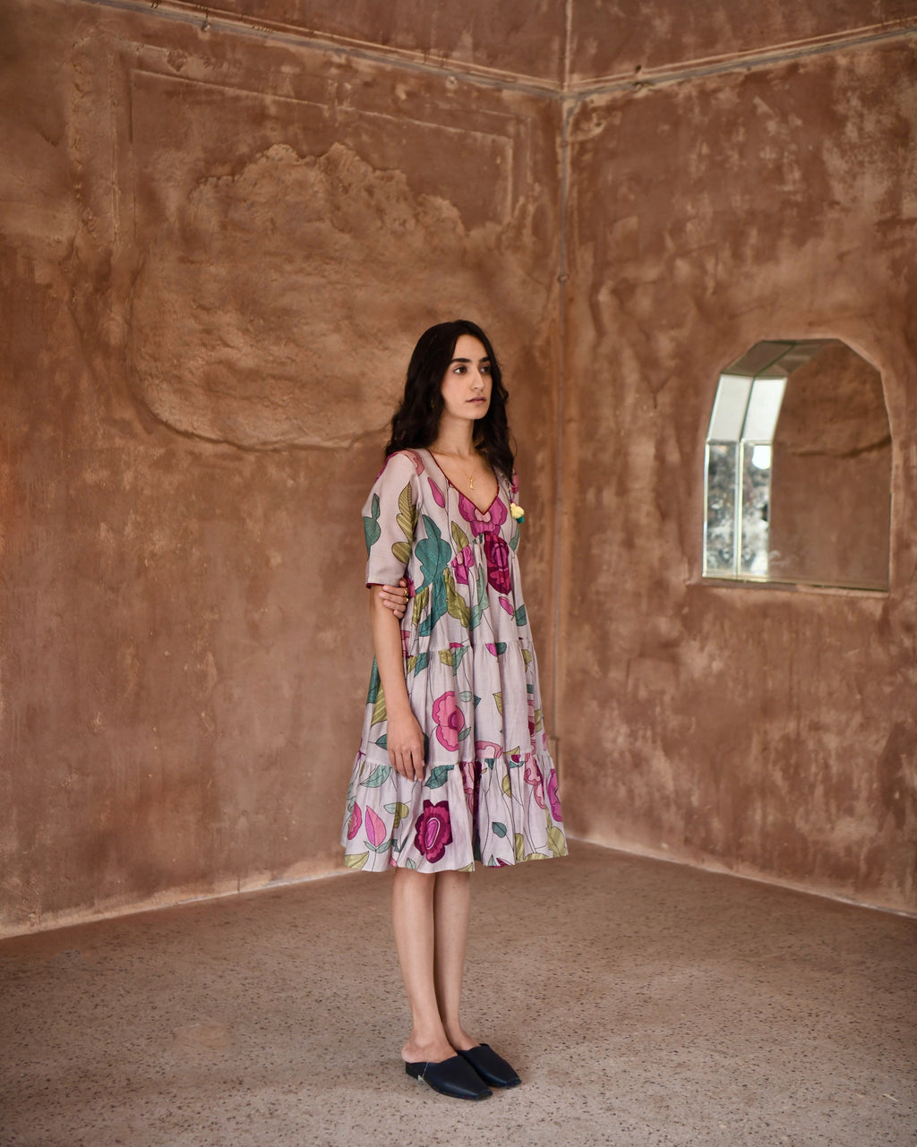 Grey Printed Tiered Dress at Kamakhyaa by Taro. This item is Azo Free Dyes, Casual Wear, Chanderi Silk, Garden Of Dreams, Grey, July Sale, July Sale 2023, Midi Dresses, Prints, Relaxed Fit, Tiered Dresses, Womenswear