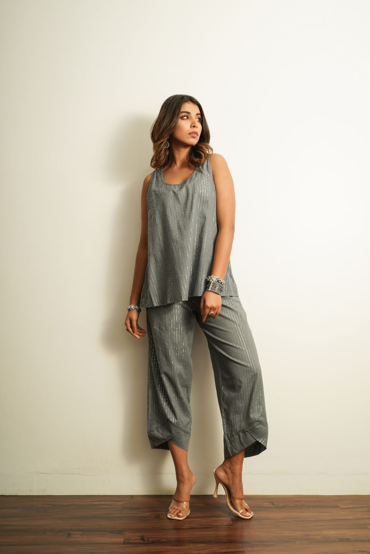 Grey Textured Cotton Co-ord Set at Kamakhyaa by Keva. This item is 100% cotton, Best Selling, Co-ord Sets, Fusion Wear, Grey, Less than $50, Natural, New, party, Party Wear Co-ords, Relaxed Fit, Saba, Solids, Womenswear