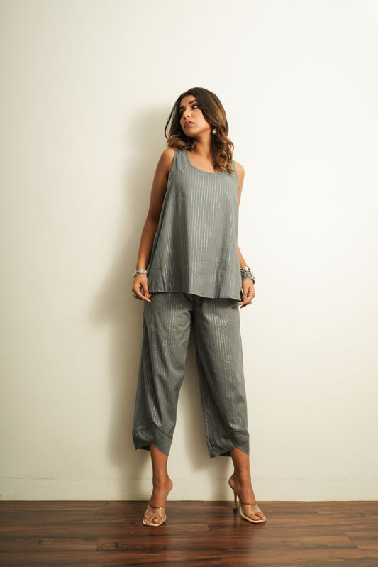 Grey Textured Cotton Co-ord Set at Kamakhyaa by Keva. This item is 100% cotton, Best Selling, Co-ord Sets, Fusion Wear, Grey, Less than $50, Natural, New, party, Party Wear Co-ords, Relaxed Fit, Saba, Solids, Womenswear