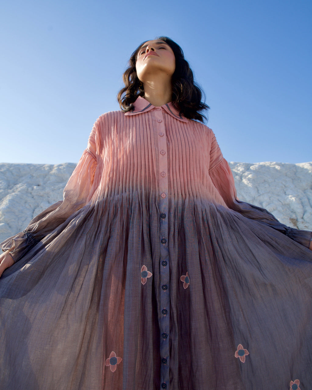 Grey silk Dress at Kamakhyaa by The Loom Art. This item is Aurora SS24, Casual Wear, Chanderi Silk, Grey, July Sale, July Sale 2023, Loose Fit, Maxi Dresses, Ombre & Dyes, Organic, Shirt Dresses, Womenswear