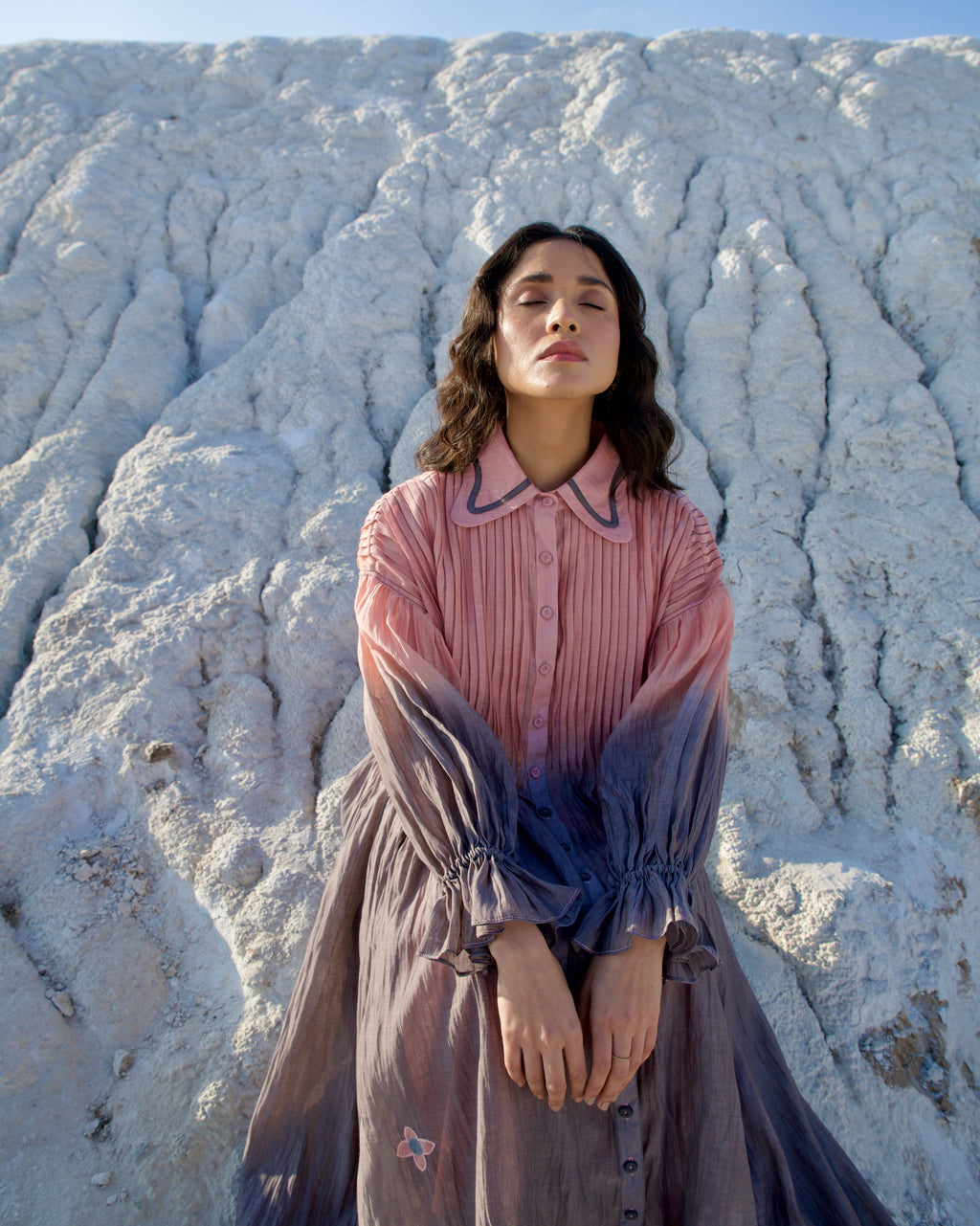 Grey silk Dress at Kamakhyaa by The Loom Art. This item is Aurora SS24, Casual Wear, Chanderi Silk, Grey, July Sale, July Sale 2023, Loose Fit, Maxi Dresses, Ombre & Dyes, Organic, Shirt Dresses, Womenswear