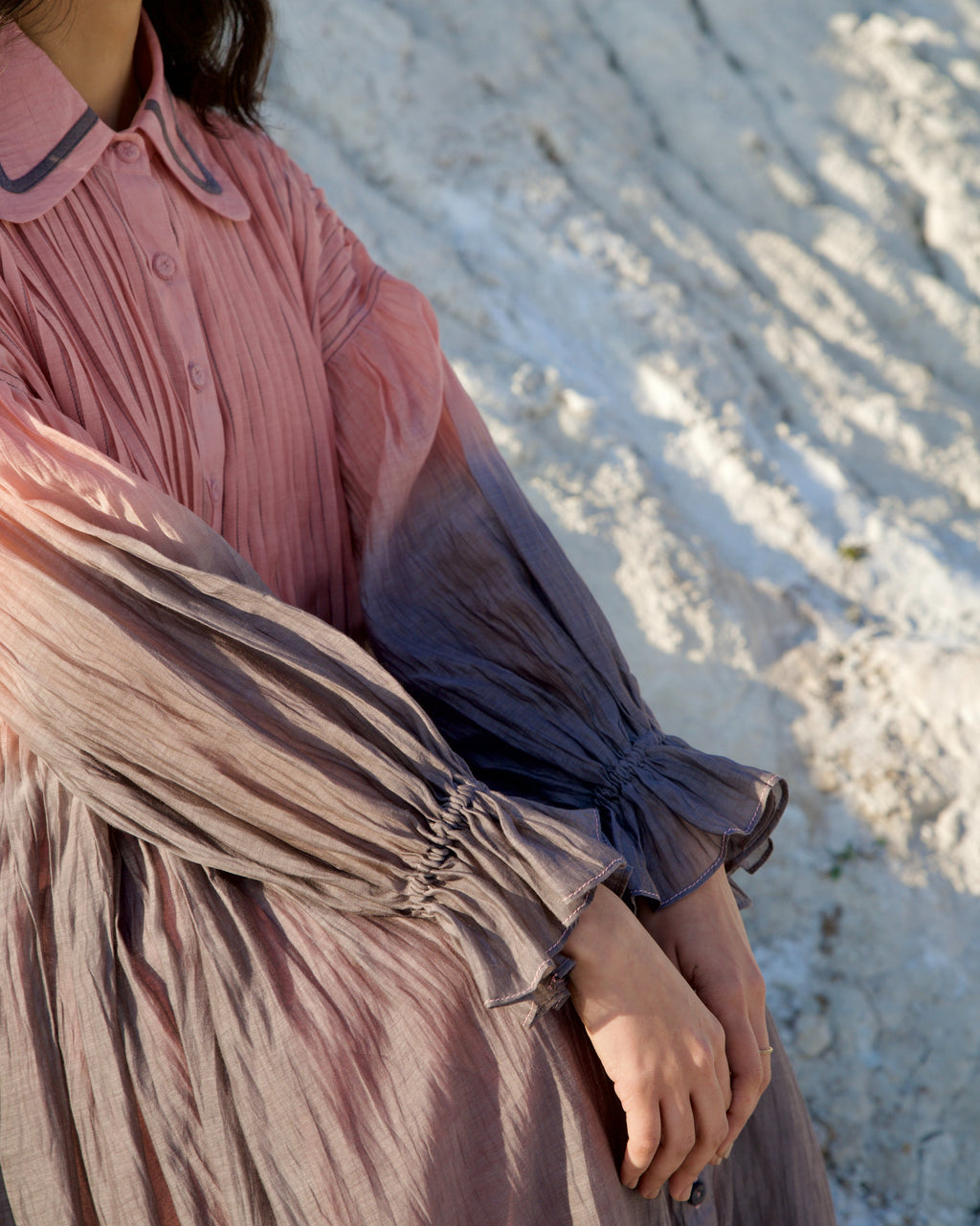 Grey silk Dress at Kamakhyaa by The Loom Art. This item is Aurora SS24, Casual Wear, Chanderi Silk, Grey, July Sale, July Sale 2023, Loose Fit, Maxi Dresses, Ombre & Dyes, Organic, Shirt Dresses, Womenswear