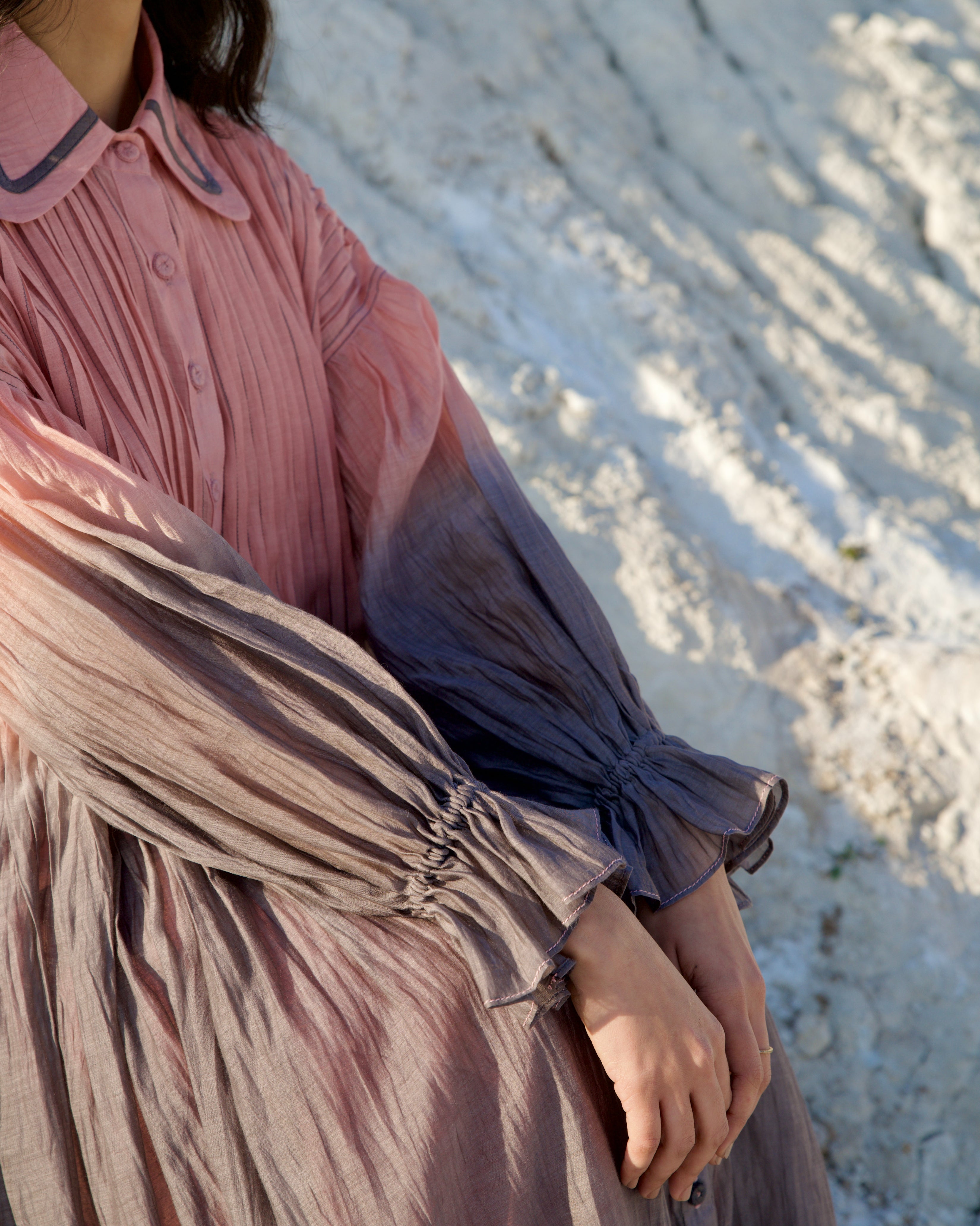 Grey silk Dress at Kamakhyaa by The Loom Art. This item is Aurora SS24, Casual Wear, Chanderi Silk, Grey, July Sale, July Sale 2023, Loose Fit, Maxi Dresses, Ombre & Dyes, Organic, Shirt Dresses, Womenswear