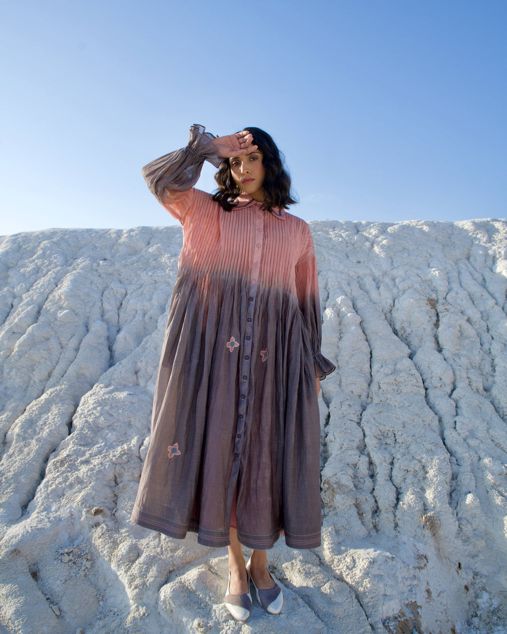 Grey silk Dress at Kamakhyaa by The Loom Art. This item is Aurora SS24, Casual Wear, Chanderi Silk, Grey, July Sale, July Sale 2023, Loose Fit, Maxi Dresses, Ombre & Dyes, Organic, Shirt Dresses, Womenswear