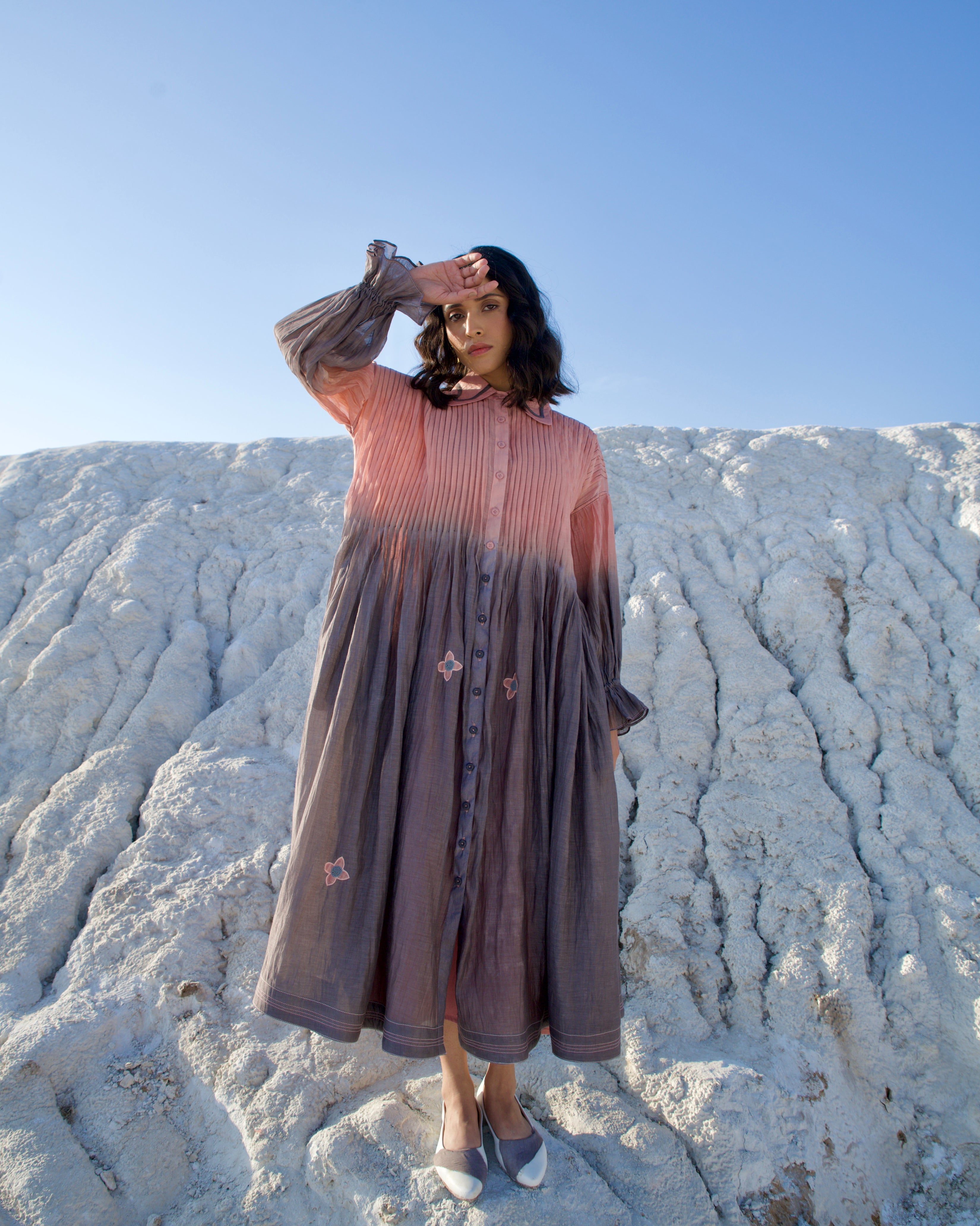 Grey silk Dress at Kamakhyaa by The Loom Art. This item is Aurora SS24, Casual Wear, Chanderi Silk, Grey, July Sale, July Sale 2023, Loose Fit, Maxi Dresses, Ombre & Dyes, Organic, Shirt Dresses, Womenswear