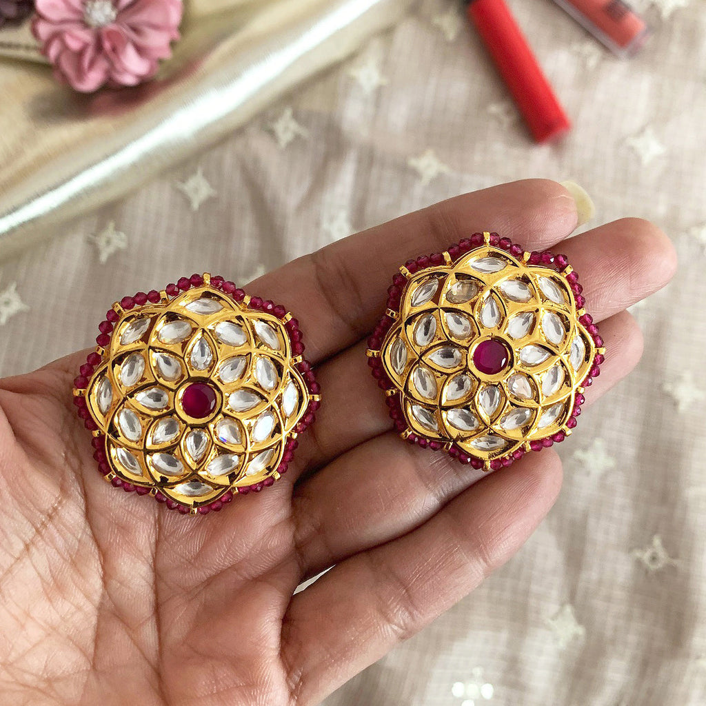 Gulzar Studs Brass, Earrings, Festive Wear, Free Size, Gold Plated, Re-polishable, Red, Solids Kamakhyaa