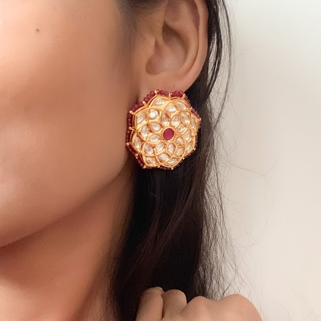 Gulzar Studs Brass, Earrings, Festive Wear, Free Size, Gold Plated, Re-polishable, Red, Solids Kamakhyaa