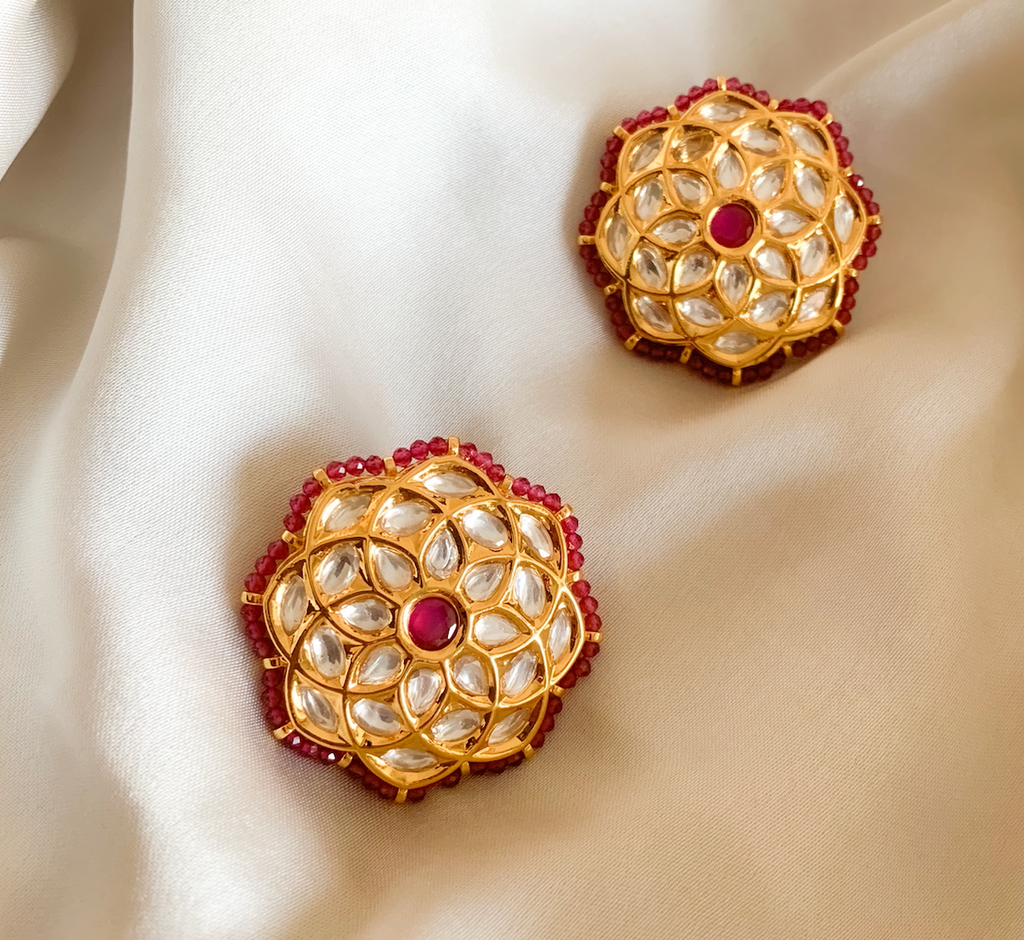 Gulzar Studs Brass, Earrings, Festive Wear, Free Size, Gold Plated, Re-polishable, Red, Solids Kamakhyaa