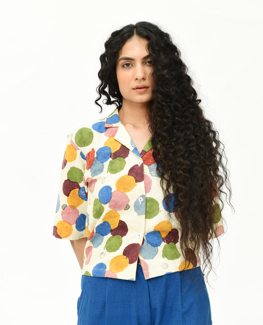 Handblock Printed Collared Shirt at Kamakhyaa by Rias Jaipur. This item is 100% Organic Cotton, Casual Wear, Handblock Printed, Handspun, Handwoven, Off-White, Polka Dots, Prints, Relaxed Fit, Shirts, Void, Void Polka, Womenswear