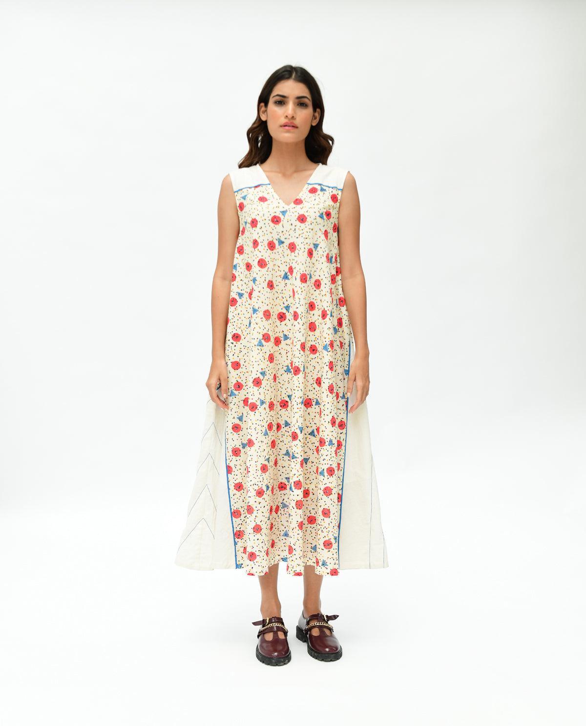 Handblock Printed Maxi Dress at Kamakhyaa by Rias Jaipur. This item is 100% Organic Cotton, Casual Wear, Handblock Printed, Handspun, Handwoven, Maxi Dresses, Off-White, Prints, Relaxed Fit, Sleeveless Dresses, Void, Womenswear