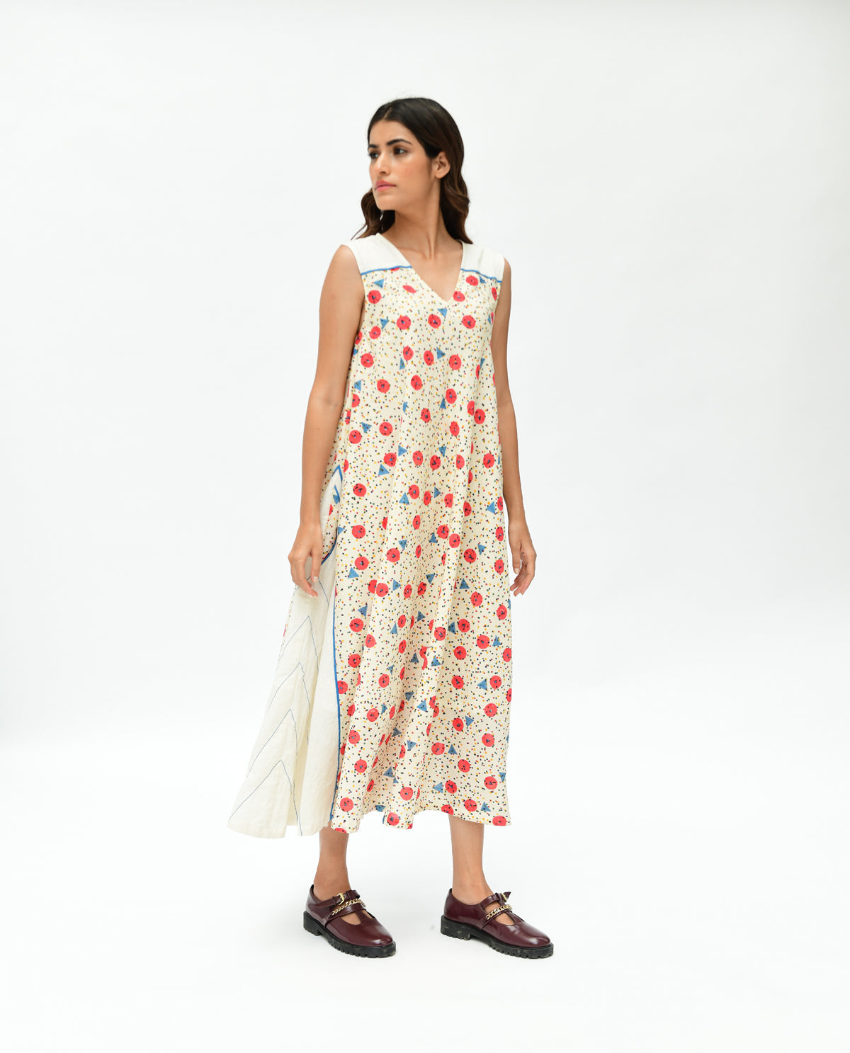 Handblock Printed Maxi Dress at Kamakhyaa by Rias Jaipur. This item is 100% Organic Cotton, Casual Wear, Handblock Printed, Handspun, Handwoven, Maxi Dresses, Off-White, Prints, Relaxed Fit, Sleeveless Dresses, Void, Womenswear