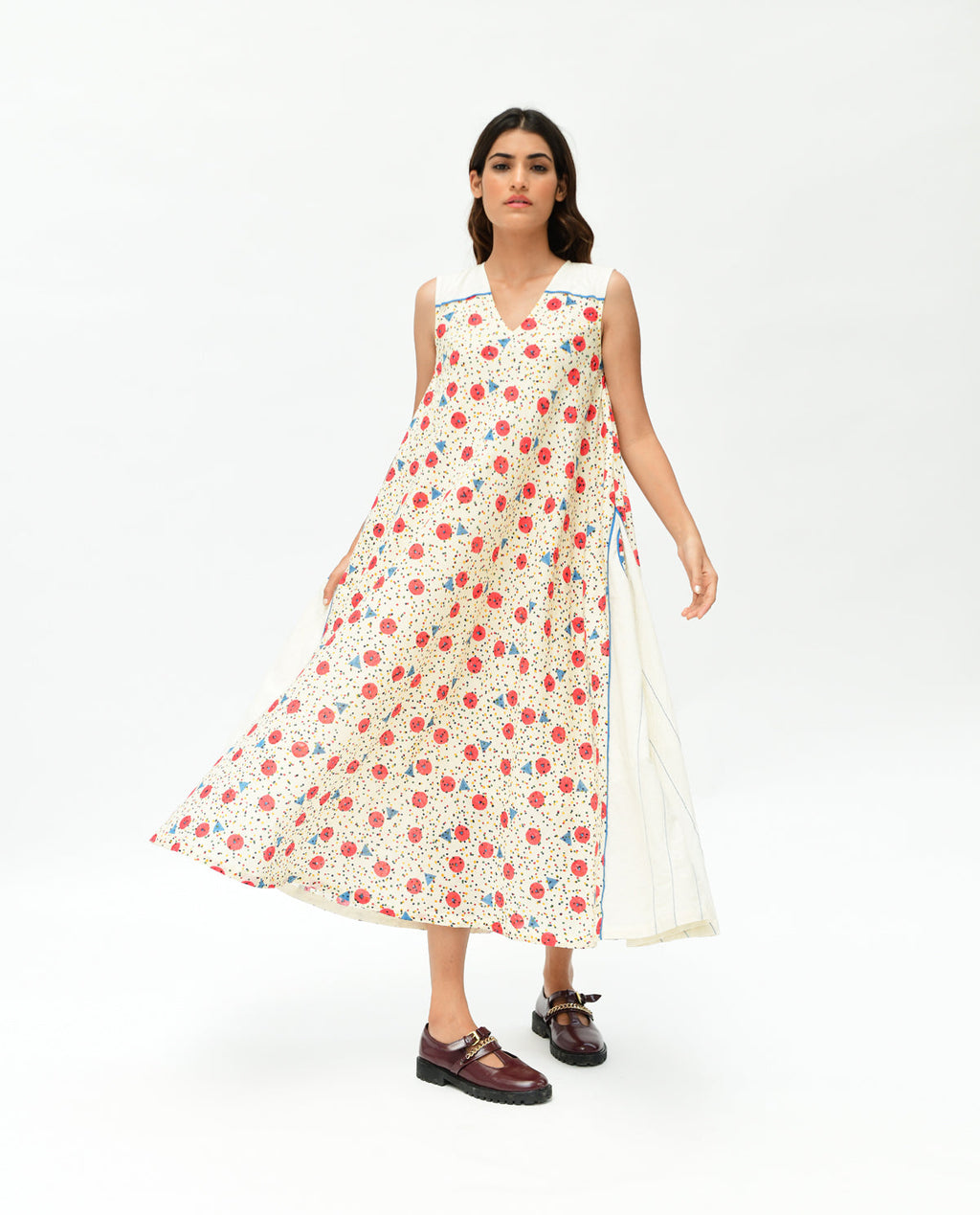 Handblock Printed Maxi Dress at Kamakhyaa by Rias Jaipur. This item is 100% Organic Cotton, Casual Wear, Handblock Printed, Handspun, Handwoven, Maxi Dresses, Off-White, Prints, Relaxed Fit, Sleeveless Dresses, Void, Womenswear