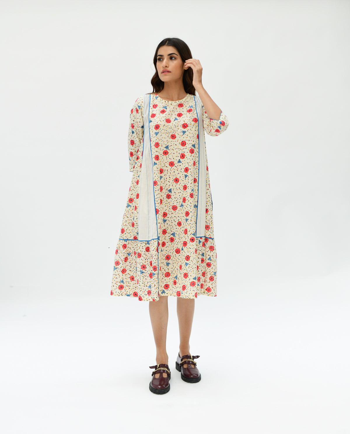 Handblock Printed Midi Dress at Kamakhyaa by Rias Jaipur. This item is 100% Organic Cotton, Casual Wear, Handblock Printed, Handspun, Handwoven, Midi Dresses, Off-White, Prints, Relaxed Fit, Void, Womenswear