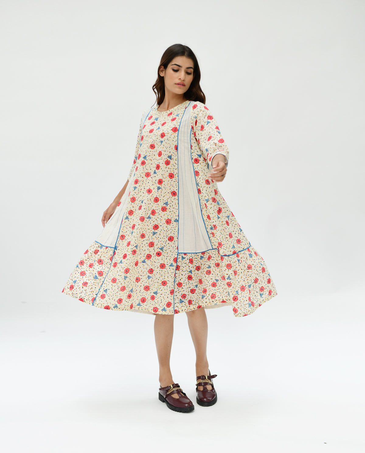 Handblock Printed Midi Dress at Kamakhyaa by Rias Jaipur. This item is 100% Organic Cotton, Casual Wear, Handblock Printed, Handspun, Handwoven, Midi Dresses, Off-White, Prints, Relaxed Fit, Void, Womenswear