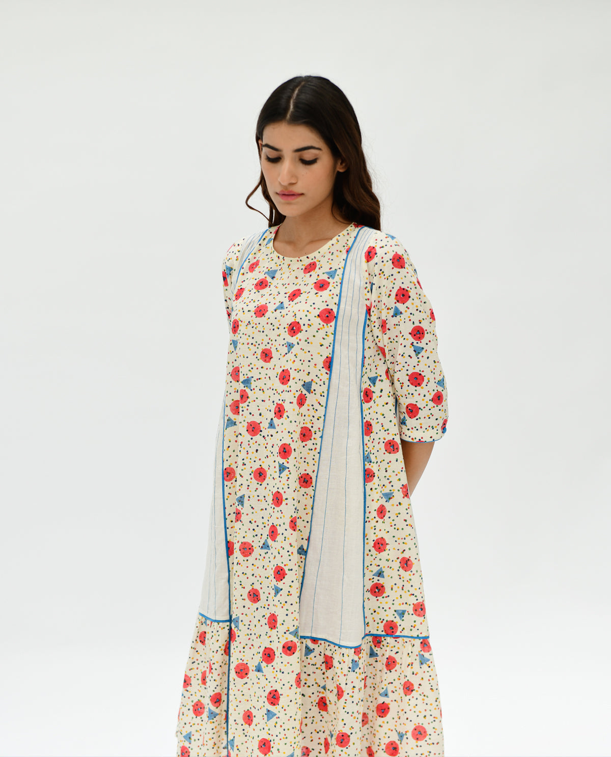 Handblock Printed Midi Dress at Kamakhyaa by Rias Jaipur. This item is 100% Organic Cotton, Casual Wear, Handblock Printed, Handspun, Handwoven, Midi Dresses, Off-White, Prints, Relaxed Fit, Void, Womenswear