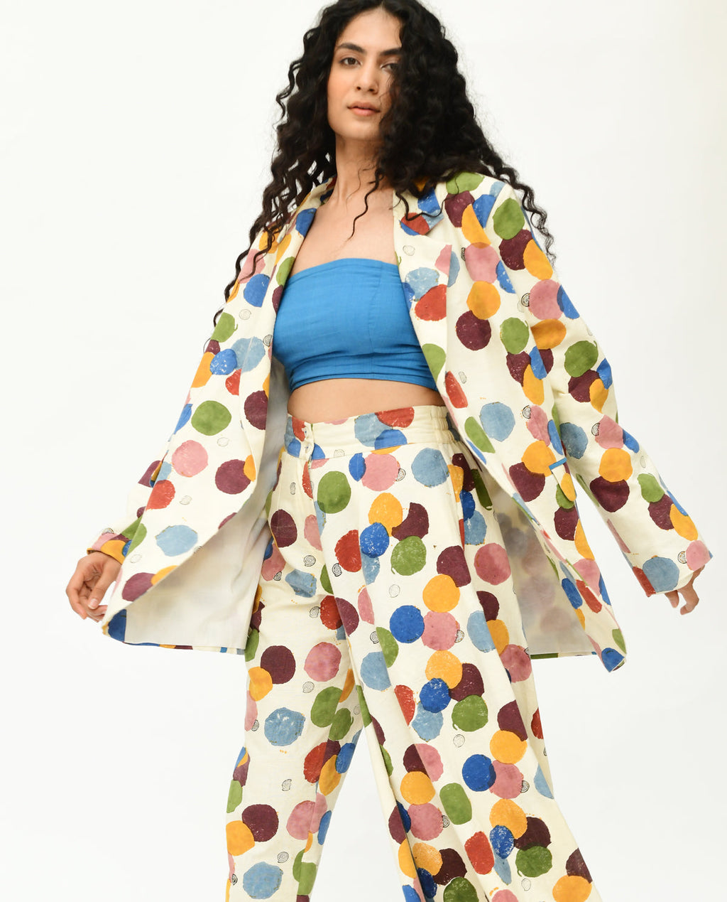 Handblock Printed Oversized Blazer at Kamakhyaa by Rias Jaipur. This item is 100% Organic Cotton, Best Selling, Casual Wear, Handblock Printed, Handspun, Handwoven, Off-White, Polka Dots, Prints, Relaxed Fit, Shrugs, Void, Void Polka, Womenswear