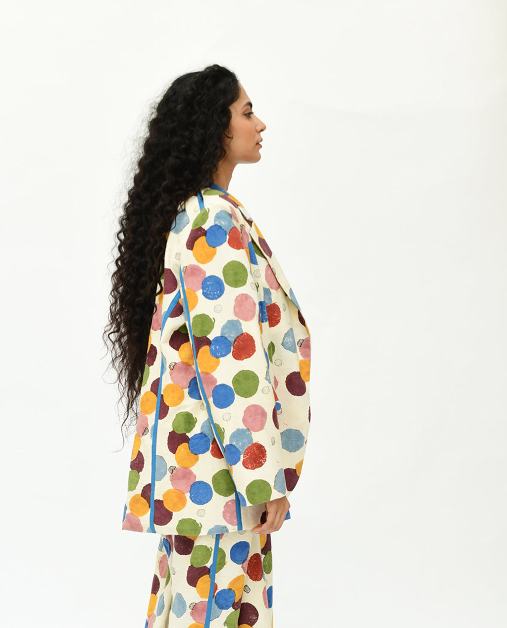 Handblock Printed Oversized Blazer at Kamakhyaa by Rias Jaipur. This item is 100% Organic Cotton, Best Selling, Casual Wear, Handblock Printed, Handspun, Handwoven, Off-White, Polka Dots, Prints, Relaxed Fit, Shrugs, Void, Void Polka, Womenswear