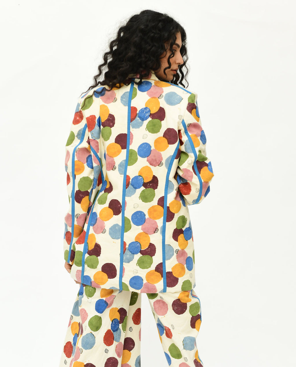 Handblock Printed Oversized Blazer at Kamakhyaa by Rias Jaipur. This item is 100% Organic Cotton, Best Selling, Casual Wear, Handblock Printed, Handspun, Handwoven, Off-White, Polka Dots, Prints, Relaxed Fit, Shrugs, Void, Void Polka, Womenswear