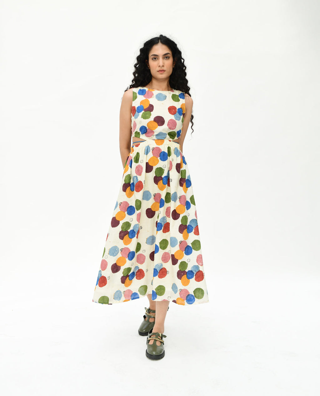 Handblock Printed Polka Dot Maxi Dress at Kamakhyaa by Rias Jaipur. This item is 100% Organic Cotton, Casual Wear, Cut Out Dresses, Handblock Printed, Handspun, Handwoven, Maxi Dresses, Off-White, Polka Dots, Prints, Relaxed Fit, Sleeveless Dresses, Void, Void Polka, Womenswear