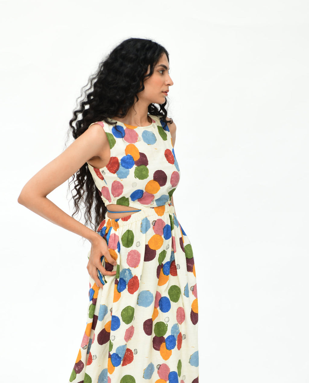 Handblock Printed Polka Dot Maxi Dress at Kamakhyaa by Rias Jaipur. This item is 100% Organic Cotton, Casual Wear, Cut Out Dresses, Handblock Printed, Handspun, Handwoven, Maxi Dresses, Off-White, Polka Dots, Prints, Relaxed Fit, Sleeveless Dresses, Void, Void Polka, Womenswear