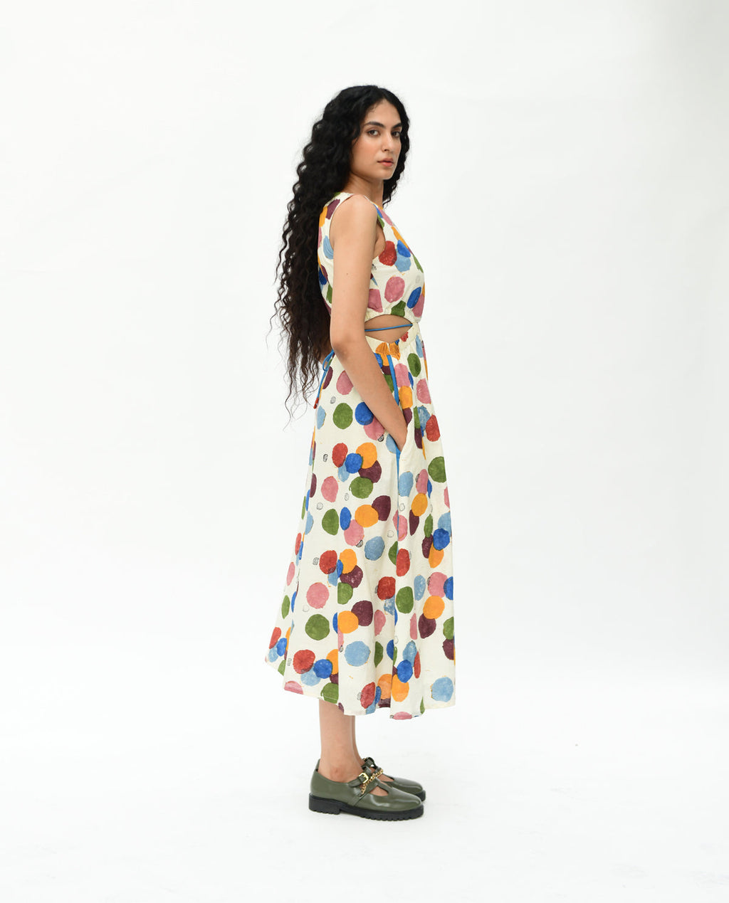 Handblock Printed Polka Dot Maxi Dress at Kamakhyaa by Rias Jaipur. This item is 100% Organic Cotton, Casual Wear, Cut Out Dresses, Handblock Printed, Handspun, Handwoven, Maxi Dresses, Off-White, Polka Dots, Prints, Relaxed Fit, Sleeveless Dresses, Void, Void Polka, Womenswear