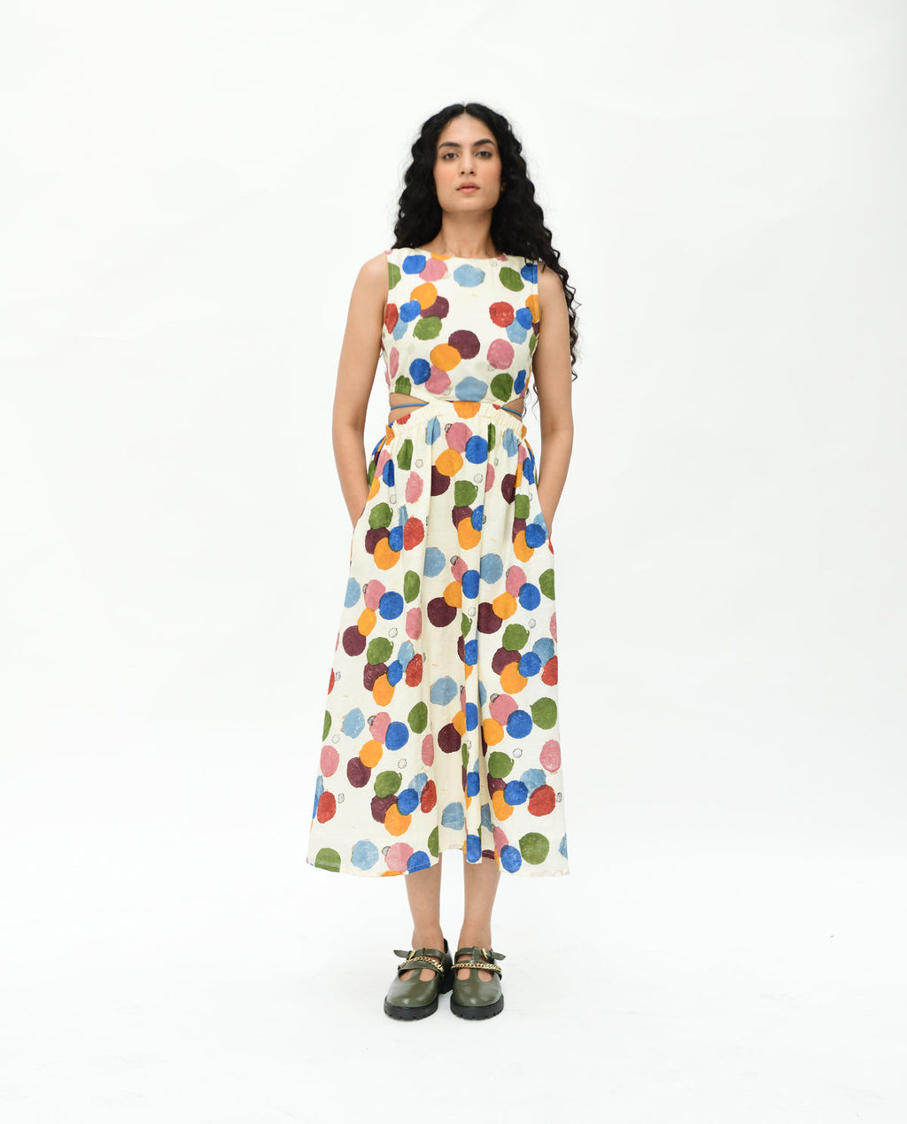 Handblock Printed Polka Dot Maxi Dress at Kamakhyaa by Rias Jaipur. This item is 100% Organic Cotton, Casual Wear, Cut Out Dresses, Handblock Printed, Handspun, Handwoven, Maxi Dresses, Off-White, Polka Dots, Prints, Relaxed Fit, Sleeveless Dresses, Void, Void Polka, Womenswear