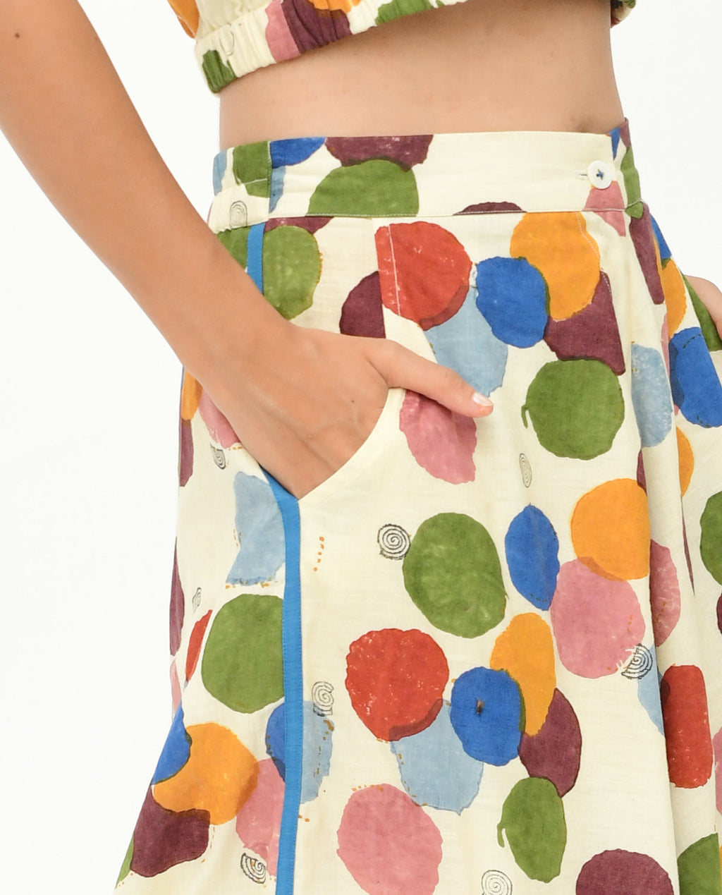 Handblock Printed Polka Dot Pant at Kamakhyaa by Rias Jaipur. This item is 100% Organic Cotton, Casual Wear, Handblock Printed, Handspun, Handwoven, Off-White, Palazzo Pants, Polka Dots, Prints, Relaxed Fit, Void, Void Polka, Womenswear