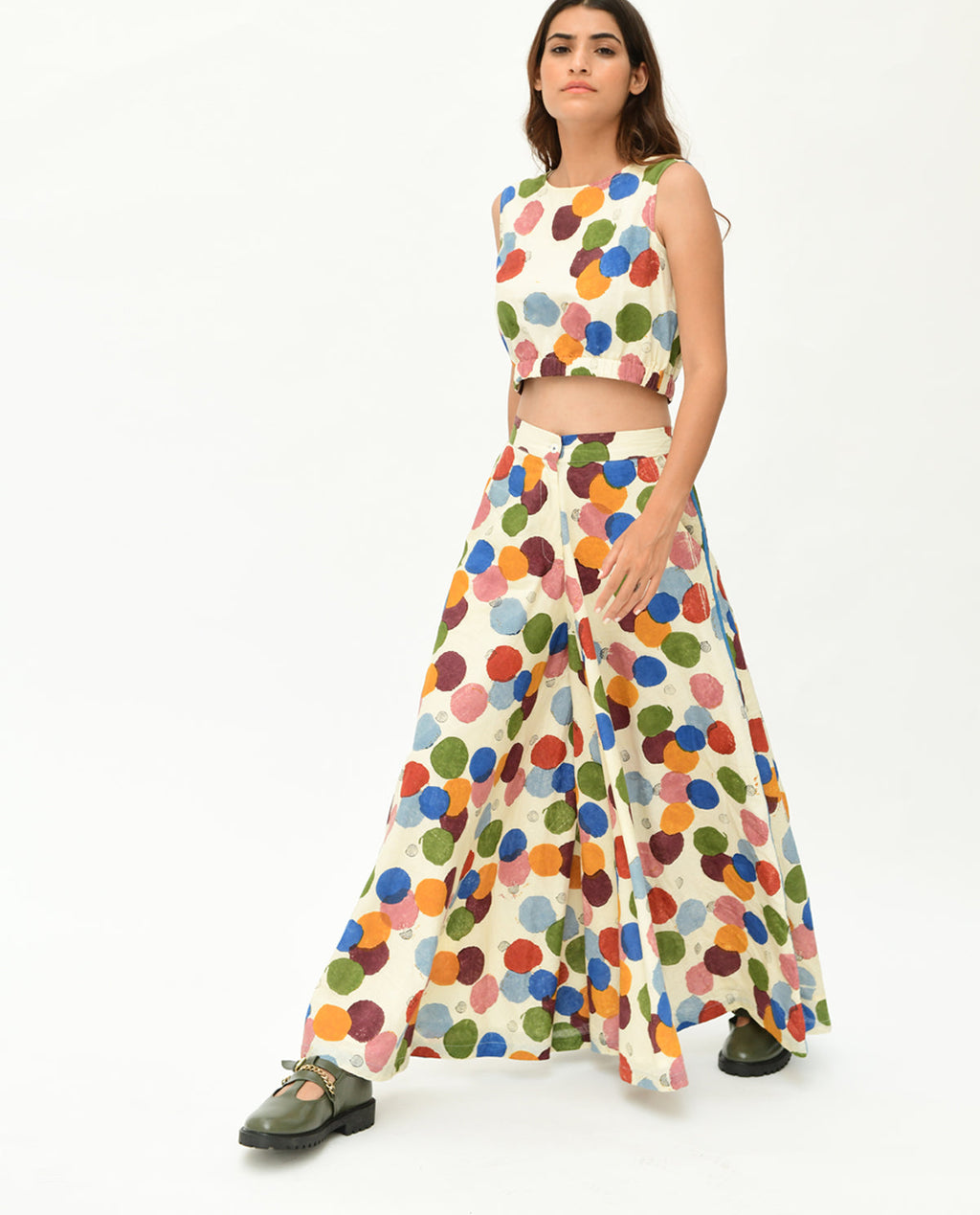 Handblock Printed Polka Dot Pant at Kamakhyaa by Rias Jaipur. This item is 100% Organic Cotton, Casual Wear, Handblock Printed, Handspun, Handwoven, Off-White, Palazzo Pants, Polka Dots, Prints, Relaxed Fit, Void, Void Polka, Womenswear