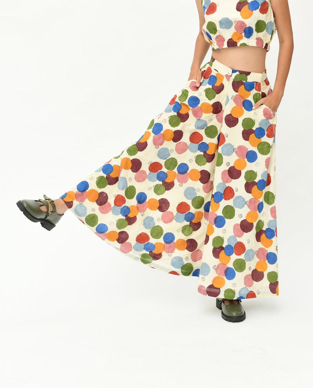 Handblock Printed Polka Dot Pant at Kamakhyaa by Rias Jaipur. This item is 100% Organic Cotton, Casual Wear, Handblock Printed, Handspun, Handwoven, Off-White, Palazzo Pants, Polka Dots, Prints, Relaxed Fit, Void, Void Polka, Womenswear