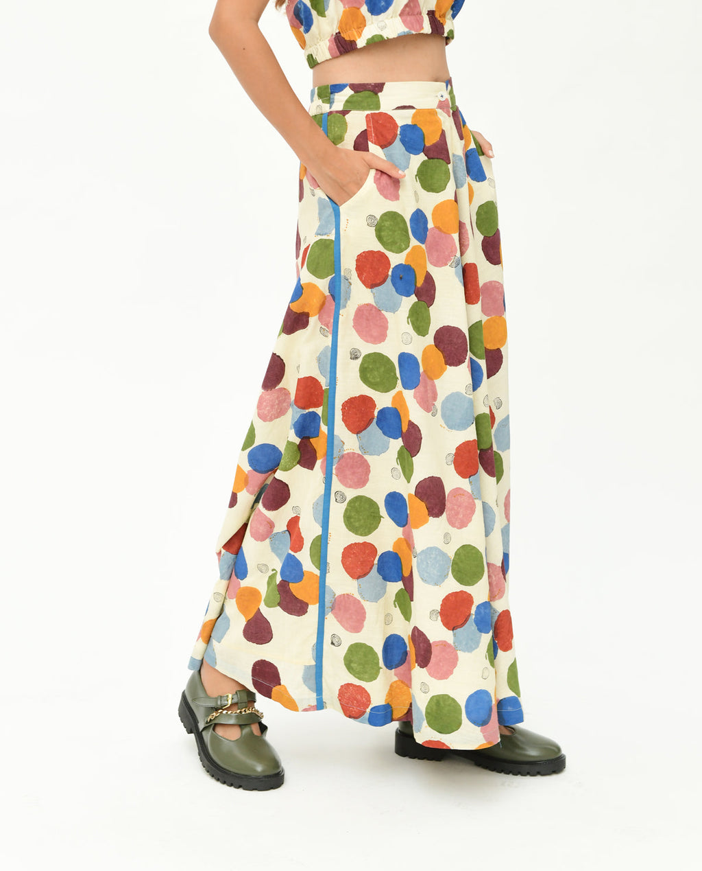 Handblock Printed Polka Dot Pant at Kamakhyaa by Rias Jaipur. This item is 100% Organic Cotton, Casual Wear, Handblock Printed, Handspun, Handwoven, Off-White, Palazzo Pants, Polka Dots, Prints, Relaxed Fit, Void, Void Polka, Womenswear