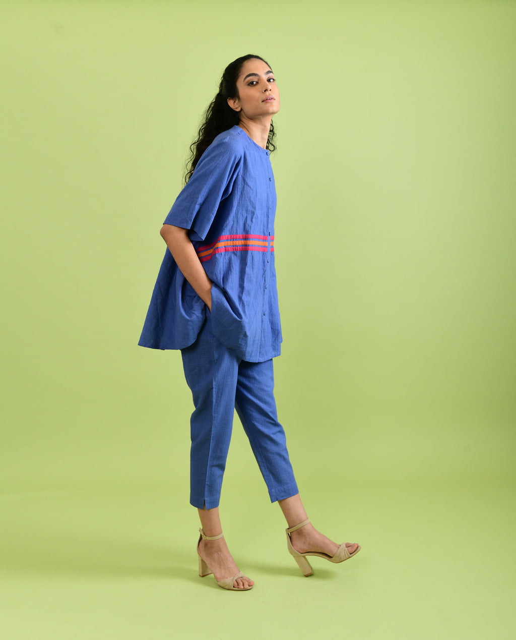 Handloom Cotton Co-ord Set at Kamakhyaa by Rias Jaipur. This item is Best Selling, Casual Wear, Co-ord Sets, For Mother, For Mother W, Handloom Cotton, Handspun, Handwoven, Hue, Office Wear Co-ords, Purple, Regular Fit, Solids, Stripes, Travel, Travel Co-ords, Womenswear