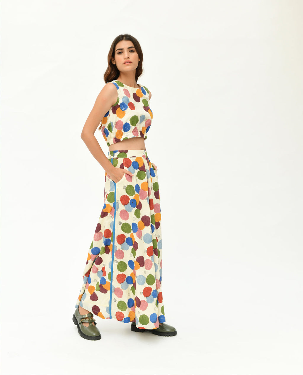 Handloom Printed Polka Dot Co-ord Set at Kamakhyaa by Rias Jaipur. This item is 100% Organic Cotton, Casual Wear, Co-Ord Sets, Handblock Printed, Handspun, Handwoven, Off-White, Polka Dots, Prints, Relaxed Fit, Travel, Travel Co-ords, Void, Void Polka, Womenswear