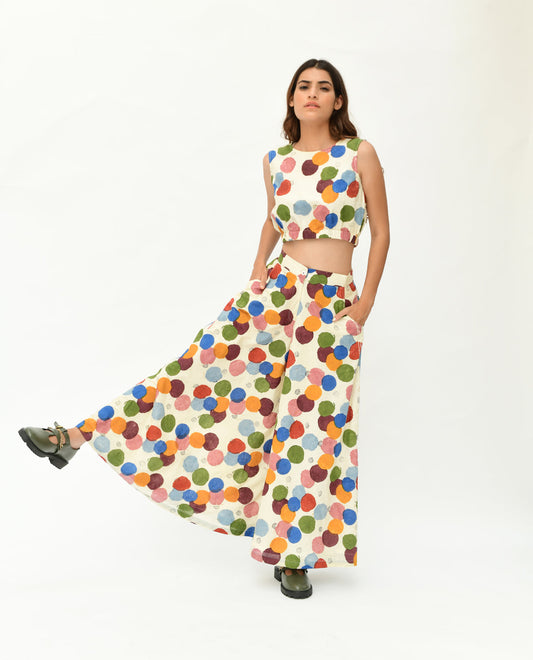 Handloom Printed Polka Dot Co-ord Set at Kamakhyaa by Rias Jaipur. This item is 100% Organic Cotton, Casual Wear, Co-Ord Sets, Handblock Printed, Handspun, Handwoven, Off-White, Polka Dots, Prints, Relaxed Fit, Travel, Travel Co-ords, Void, Void Polka, Womenswear