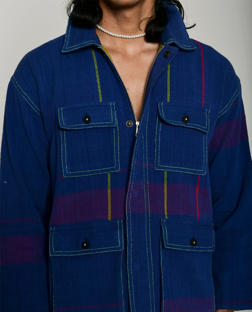 Handwoven Blue Multi Colored Cotton Shirt Jacket at Kamakhyaa by Rias Jaipur. This item is 100% Cotton, Blue, Casual wear, Multicolor, Natural, Overlays, RE 2.O, Relaxed, Stripes, Unisex, Womenswear